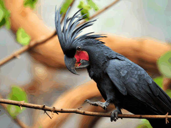 A Palm Cockatoo perches on a branch