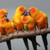Sun Conures huddle on a branch